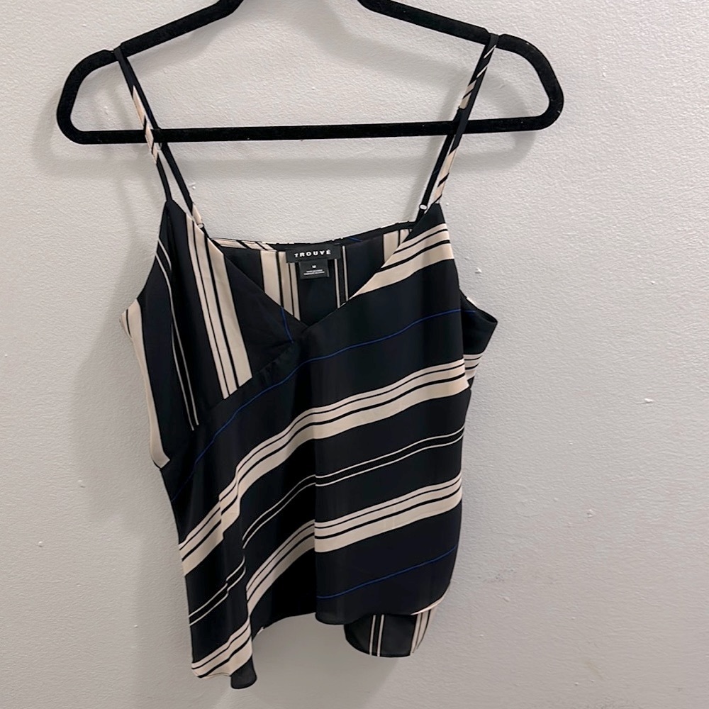 Trouvé V Neck Striped Asymmetrical Hem Top Lightweight Medium Navy/Beige